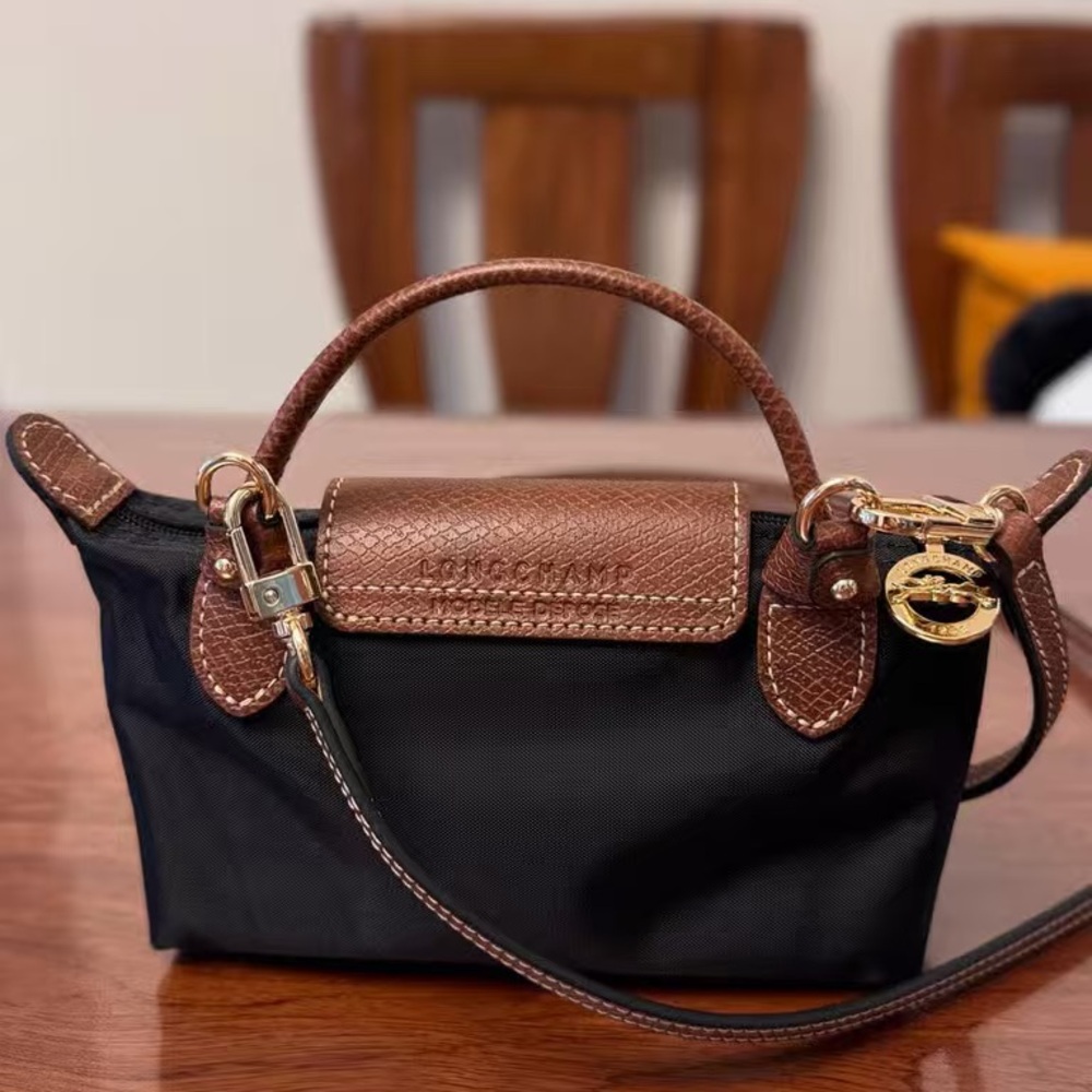 Longchamp Black Mini Top-Handle Crossbody with Brown Trim - Picture 4 of 8